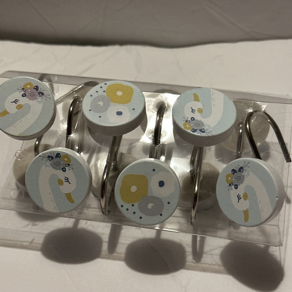 Home Swan Themed Shower Curtain Hooks blue, yellow, and grey 12pc